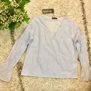 Boohoo Ruched Long Sleeve Stripe Shirt